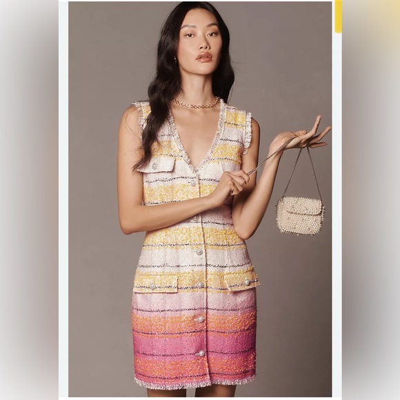 Maeve Anthropologie Tweed yellow Pink Ombre Mini Dress Sz 8 - Picture 1 of 9